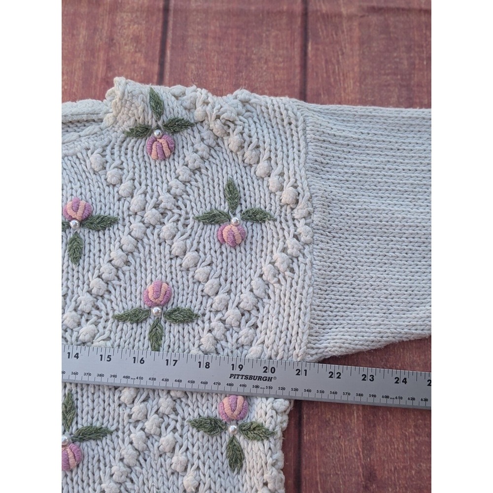 Vintage Pearl Bobble Knit Granny sweater rose bud lady slipper sz L 80s - Picture 6 of 10